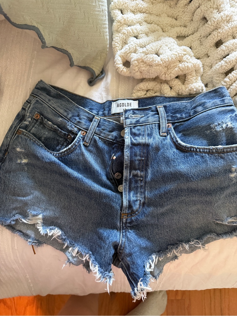 Agolde Dark Blue Distressed Denim Cutoff Shorts
